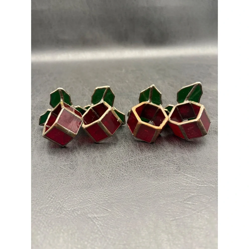 Vintage 1991 Signed Stained Glass Holly Berry Napkin Rings Set of 4 Christmas‎